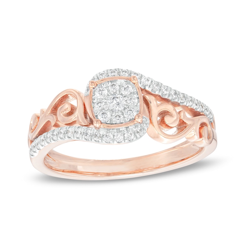0.25 CT. T.W. Cushion-Shaped Multi-Diamond Filigree Shank Promise Ring in Sterling Silver with 14K Rose Gold Plate