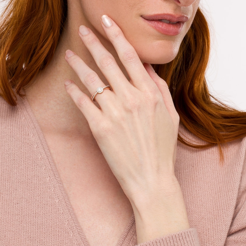 Main Image 2 of 0.15 CT. T.W. Multi-Diamond Frame Split Shank Promise Ring in Sterling Silver with 14K Rose Gold Plate