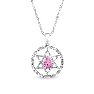 5.0mm Pink and White Lab-Created Sapphire Star of David in Circle Pendant in Sterling Silver