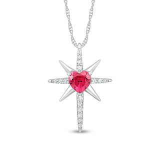 6.0mm Heart-Shaped Lab-Created Ruby and White Lab-Created Sapphire Eight-Point Star Cross Pendant in Sterling Silver