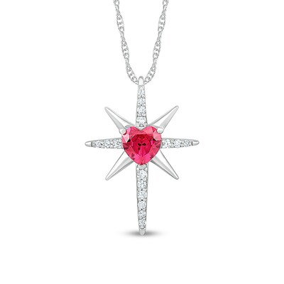 6.0mm Heart-Shaped Lab-Created Ruby and White Lab-Created Sapphire Eight-Point Star Cross Pendant in Sterling Silver