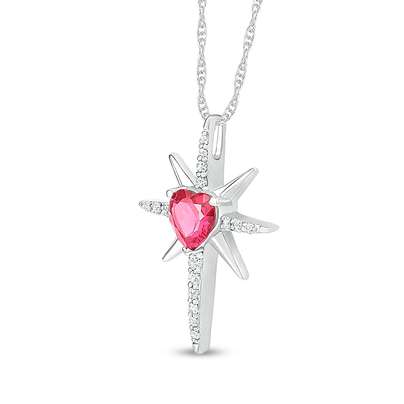 6.0mm Heart-Shaped Lab-Created Ruby and White Lab-Created Sapphire Eight-Point Star Cross Pendant in Sterling Silver
