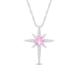 5.0mm Pink and White Lab-Created Sapphire Eight-Point Star Cross Pendant in Sterling Silver