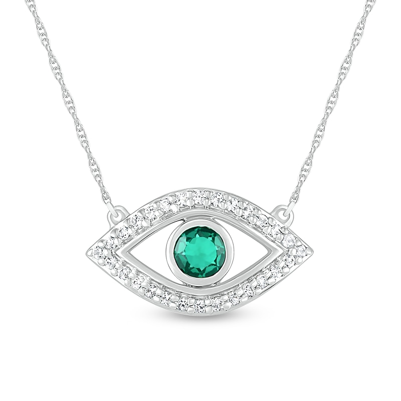 4.0mm Lab-Created Emerald and White Lab-Created Sapphire Evil Eye Necklace in Sterling Silver
