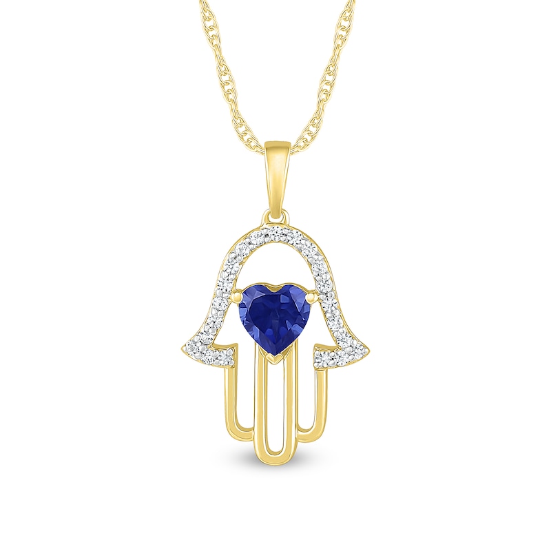 Main Image 1 of 5.0mm Heart-Shaped Blue and White Lab-Created Sapphire Hamsa Pendant in Sterling Silver with 14K Gold Plate