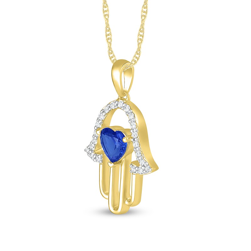 Main Image 2 of 5.0mm Heart-Shaped Blue and White Lab-Created Sapphire Hamsa Pendant in Sterling Silver with 14K Gold Plate