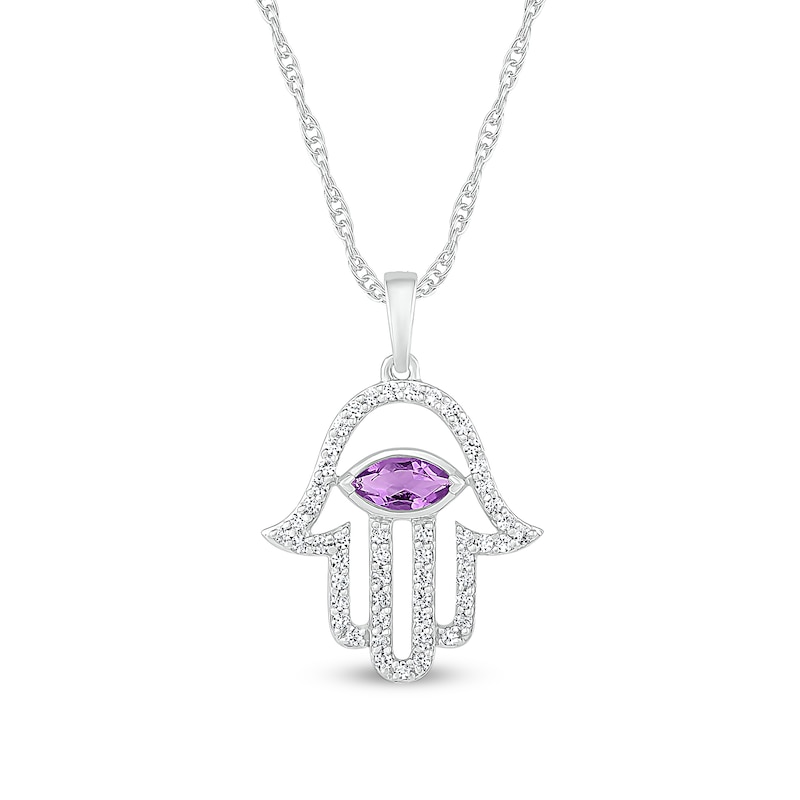Main Image 1 of Sideways Marquise Amethyst Beaded Frame Hamsa Pendant in Sterling Silver