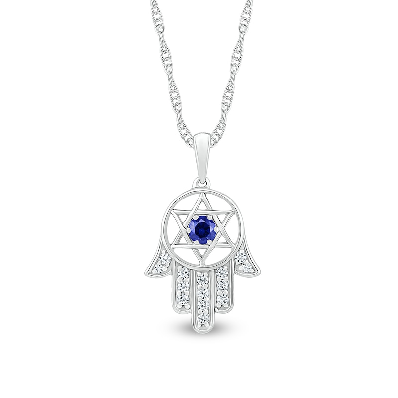 Main Image 1 of 3.0mm Blue and White Lab-Created Sapphire Star of David in Hamsa Pendant in Sterling Silver