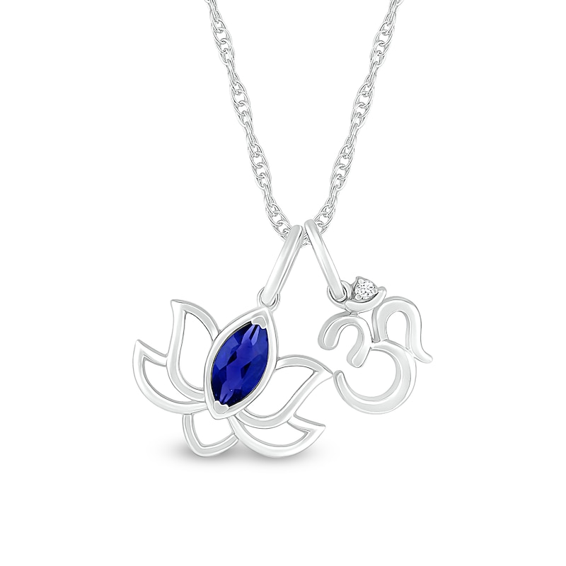 Marquise Blue and White Lab-Created Sapphire Lotus Flower and Om Symbol Pendant in Sterling Silver