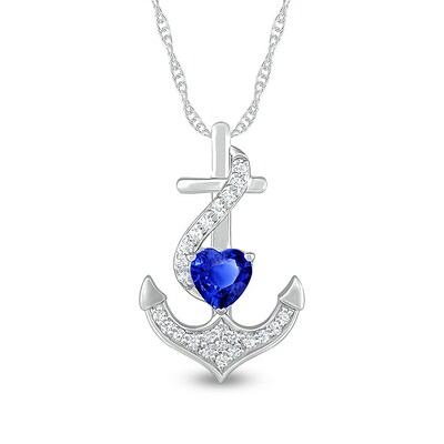 5.0mm Heart-Shaped Blue and White Lab-Created Sapphire Overlay Anchor Pendant in Sterling Silver
