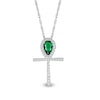 Thumbnail Image 1 of Pear-Shaped Emerald and White Lab-Created Sapphire Ankh Pendant in Sterling Silver