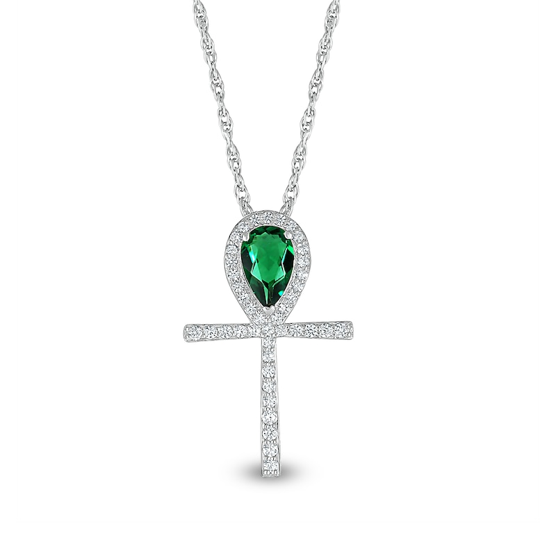 Pear-Shaped Emerald and White Lab-Created Sapphire Ankh Pendant in Sterling Silver