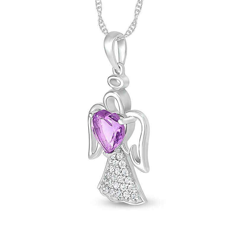 6.0mm Heart-Shaped Amethyst and White Lab-Created Sapphire Angel Pendant in Sterling Silver