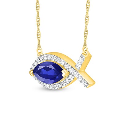 Marquise Blue and White Lab-Created Sapphire Sideways Ichthus Necklace in Sterling Silver with 14K Gold Plate
