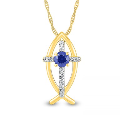 4.0mm Blue and White Lab-Created Sapphire Cross Ichthus Pendant in Sterling Silver with 14K Gold Plate