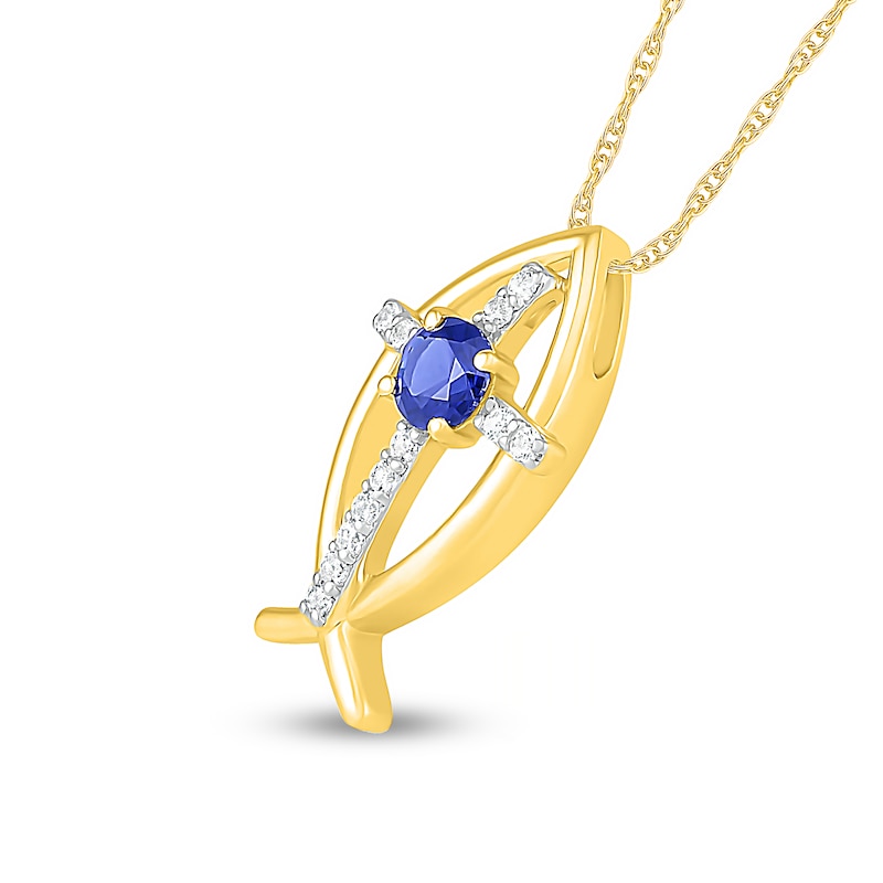 4.0mm Blue and White Lab-Created Sapphire Cross Ichthus Pendant in Sterling Silver with 14K Gold Plate