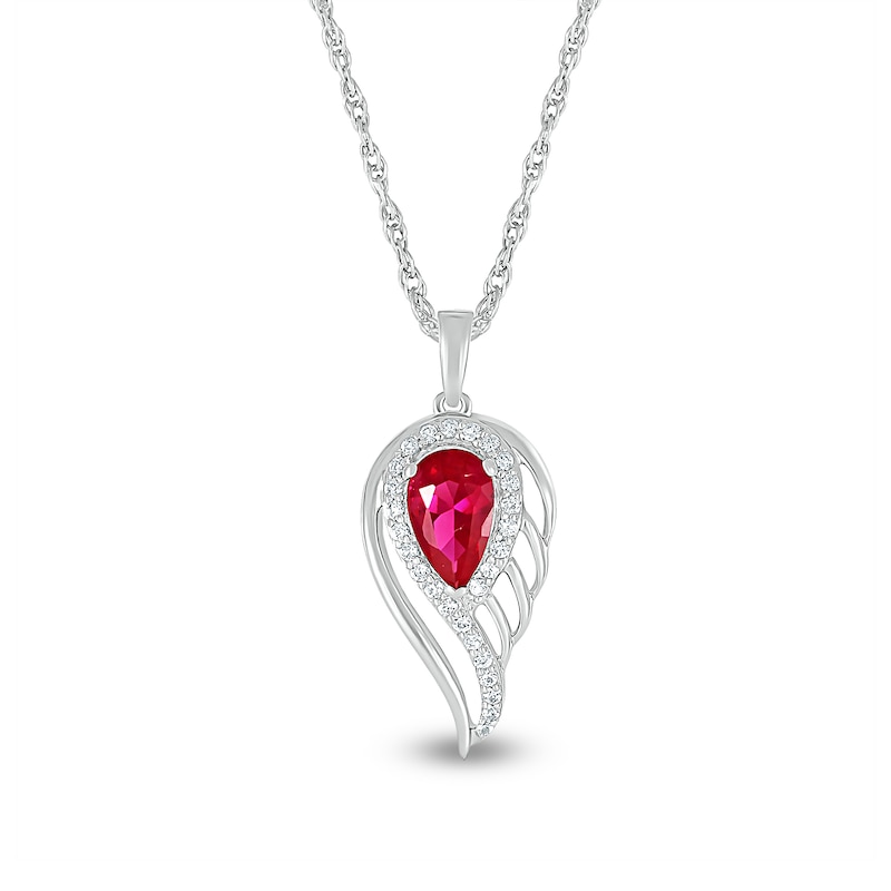 Pear-Shaped Lab-Created Ruby and White Lab-Created Sapphire Angel Wing Pendant in Sterling Silver|Peoples Jewellers