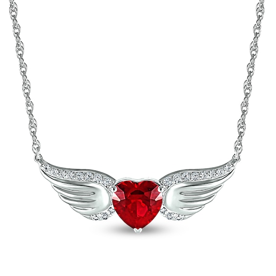 7.0mm Heart-Shaped Lab-Created Ruby and White Lab-Created Sapphire Angel Wings Necklace in Sterling Silver