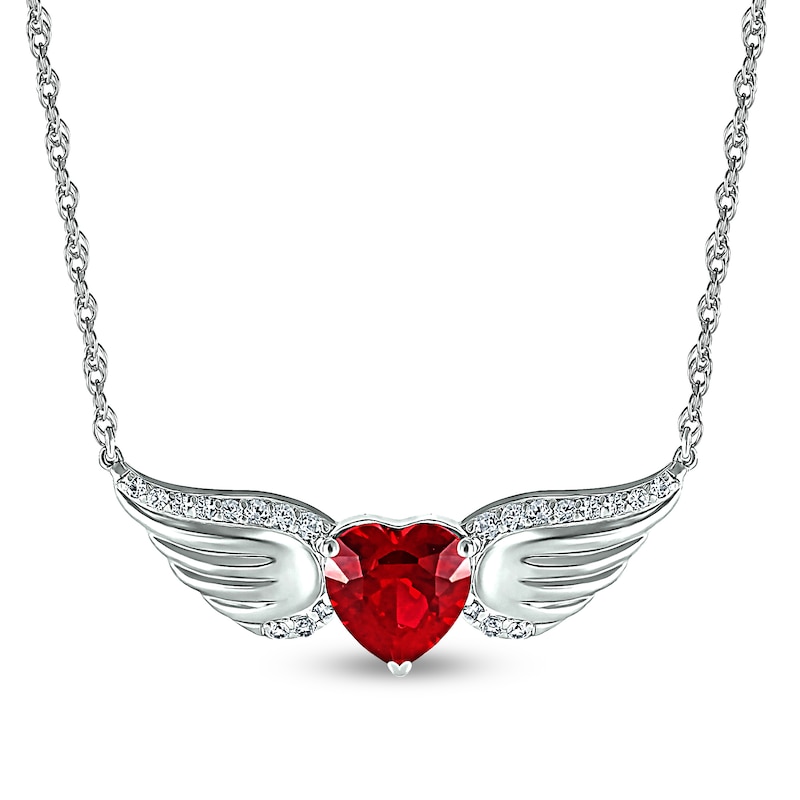7.0mm Heart-Shaped Lab-Created Ruby and White Lab-Created Sapphire Angel Wings Necklace in Sterling Silver