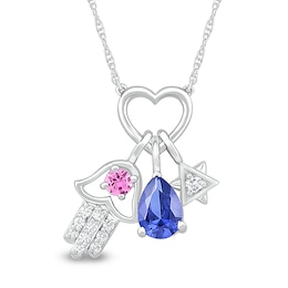 Pear-Shaped Blue, Pink, and White Lab-Created Sapphire Hamsa and Star of David Charms Heart Necklace in Sterling Silver