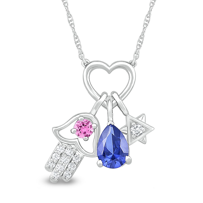 Pear-Shaped Blue, Pink, and White Lab-Created Sapphire Hamsa and Star of David Charms Heart Necklace in Sterling Silver