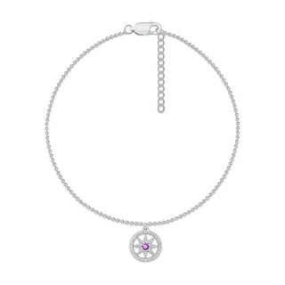 Amethyst and White Lab-Created Sapphire Eight-Point Star in Circle Dangle Anklet in Sterling Silver – 10"