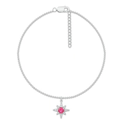 4.0mm Lab-Created Ruby and White Lab-Created Sapphire Eight- Point Star Dangle Anklet in Sterling Silver – 10"