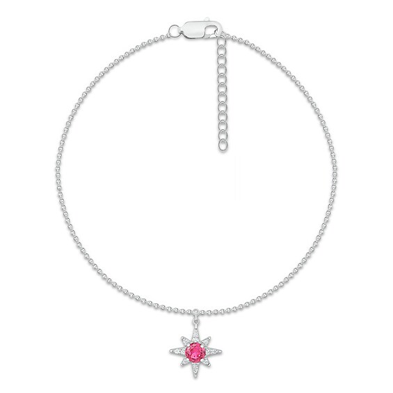 4.0mm Lab-Created Ruby and White Lab-Created Sapphire Eight- Point Star Dangle Anklet in Sterling Silver – 10"