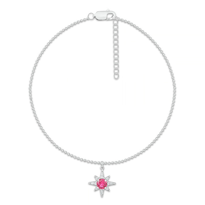 Main Image 2 of 4.0mm Lab-Created Ruby and White Lab-Created Sapphire Eight- Point Star Dangle Anklet in Sterling Silver – 10"
