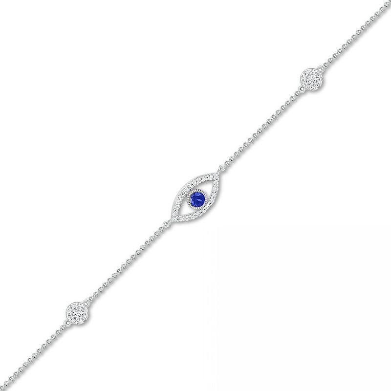 Main Image 1 of 3.0mm Blue and White Lab-Created Sapphire Evil Eye Anklet in Sterling Silver - 10"