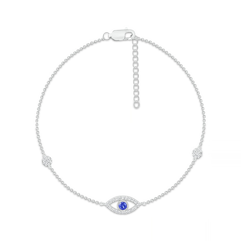 Main Image 2 of 3.0mm Blue and White Lab-Created Sapphire Evil Eye Anklet in Sterling Silver - 10"