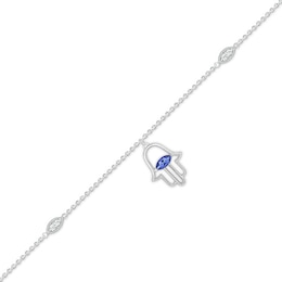 Sideways Marquise Blue and White Lab-Created Sapphire Hamsa Dangle Anklet in Sterling Silver - 10&quot;