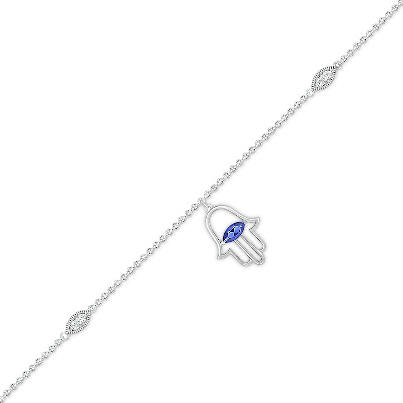 Main Image 1 of Sideways Marquise Blue and White Lab-Created Sapphire Hamsa Dangle Anklet in Sterling Silver - 10"