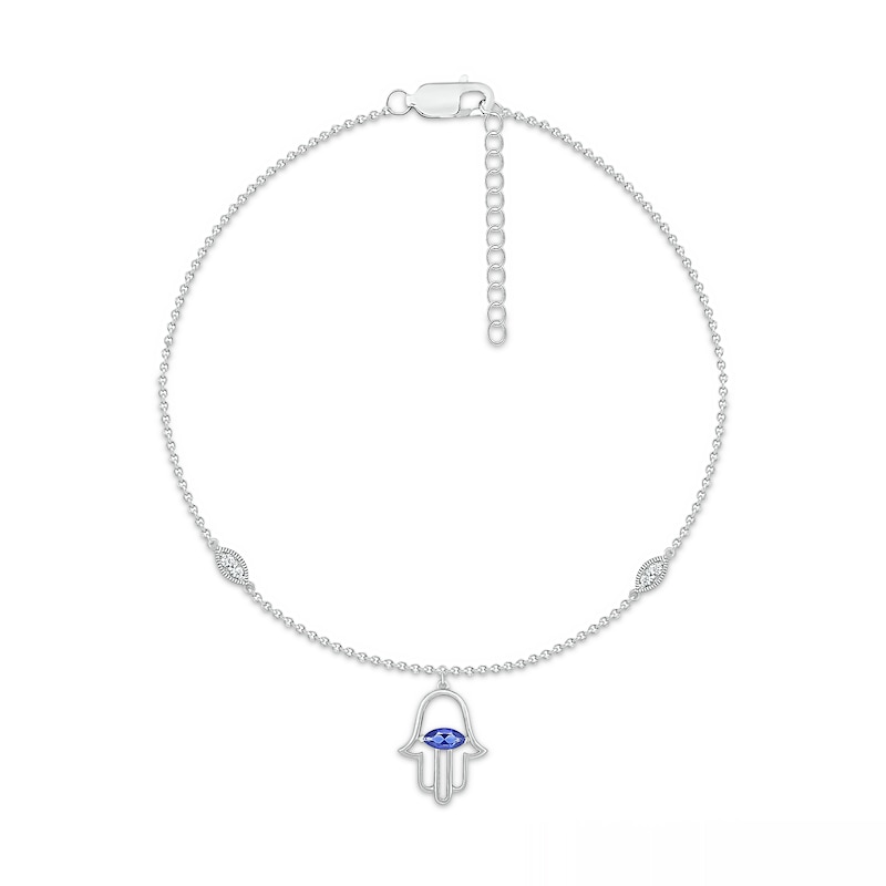 Main Image 2 of Sideways Marquise Blue and White Lab-Created Sapphire Hamsa Dangle Anklet in Sterling Silver - 10"