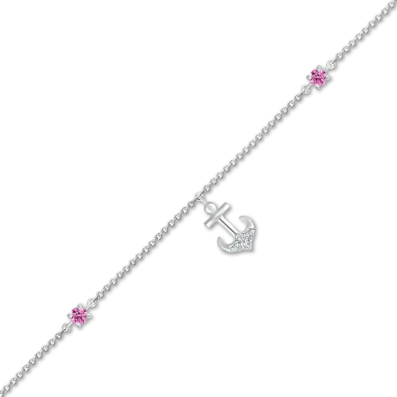 Main Image 1 of 3.0mm Pink and White Lab-Created Sapphire Anchor Dangle Anklet in Sterling Silver - 10"