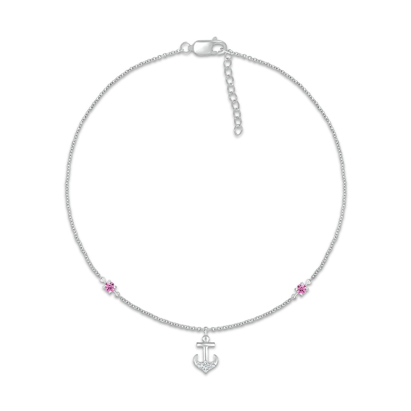 Main Image 2 of 3.0mm Pink and White Lab-Created Sapphire Anchor Dangle Anklet in Sterling Silver - 10"