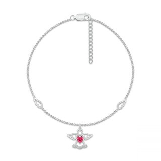 Heart-Shaped Lab-Created Ruby and White Lab-Created Sapphire Wings and Angel Dangle Anklet in Sterling Silver - 10"