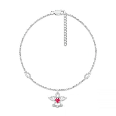 Heart-Shaped Lab-Created Ruby and White Lab-Created Sapphire Wings and Angel Dangle Anklet in Sterling Silver - 10"