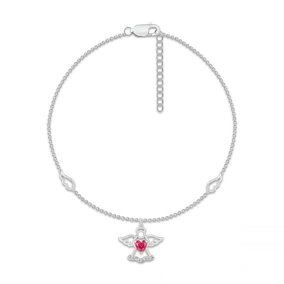 Heart-Shaped Lab-Created Ruby and White Lab-Created Sapphire Wings and Angel Dangle Anklet in Sterling Silver - 10"
