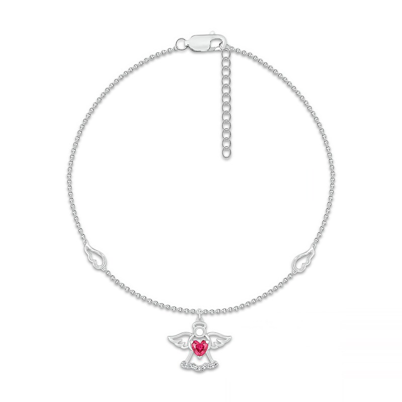 Main Image 2 of Heart-Shaped Lab-Created Ruby and White Lab-Created Sapphire Wings and Angel Dangle Anklet in Sterling Silver - 10"