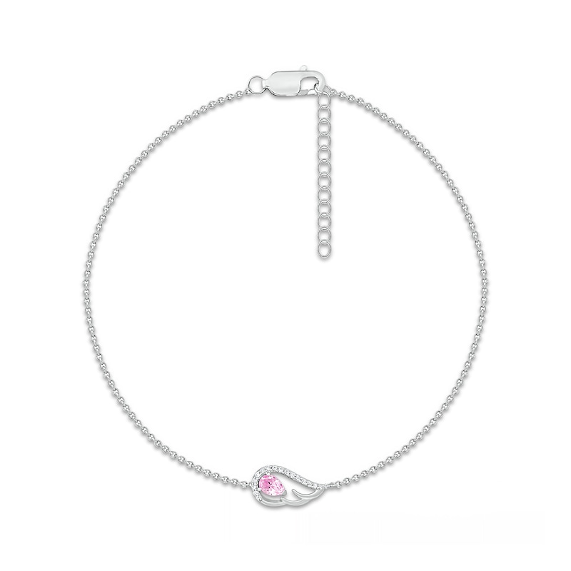 Main Image 2 of Pear-Shaped Pink and White Lab-Created Sapphire Sideways Angel Wing Anklet in Sterling Silver - 10"