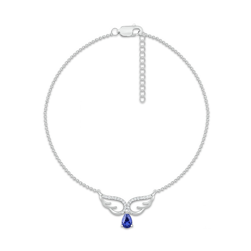 Main Image 2 of Pear-Shaped Blue and White Lab-Created Sapphire Drop Angel Wings Anklet in Sterling Silver - 10"
