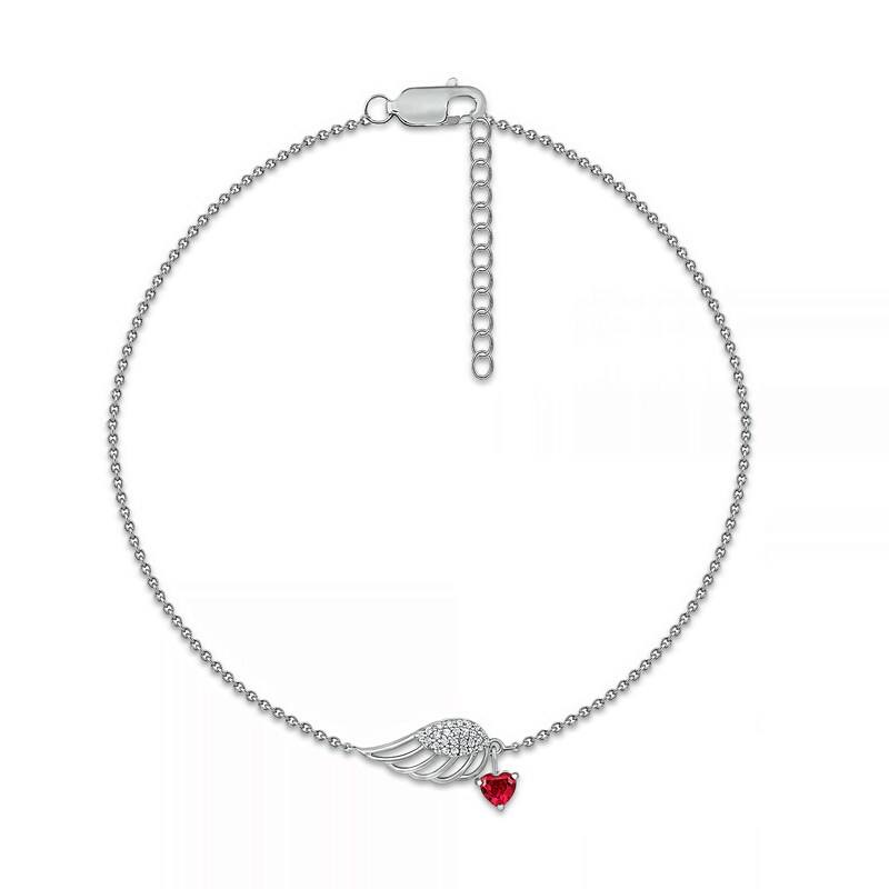 Main Image 2 of 5.0mm Heart-Shaped Lab-Created Ruby Dangle and White Lab-Created Sapphire Wing Anklet in Sterling Silver – 10"