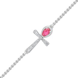 Pear-Shaped Lab-Created Ruby and White Lab-Created Sapphire Sideways Ankh Anklet in Sterling Silver – 10"