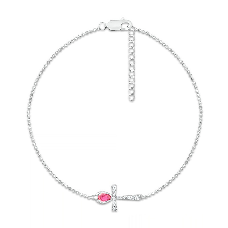 Main Image 2 of Pear-Shaped Lab-Created Ruby and White Lab-Created Sapphire Sideways Ankh Anklet in Sterling Silver – 10"