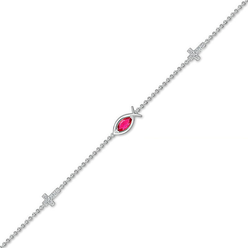 Main Image 1 of Marquise Lab-Created Ruby and White Lab-Created Sapphire Sideways Ichthus and Cross Anklet in Sterling Silver – 10"