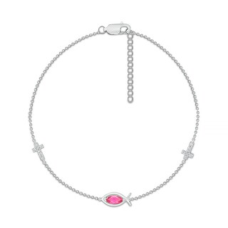 Marquise Lab-Created Ruby and White Lab-Created Sapphire Sideways Ichthus and Cross Anklet in Sterling Silver – 10"