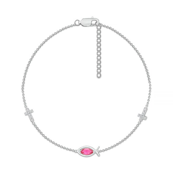 Marquise Lab-Created Ruby and White Lab-Created Sapphire Sideways Ichthus and Cross Anklet in Sterling Silver – 10"
