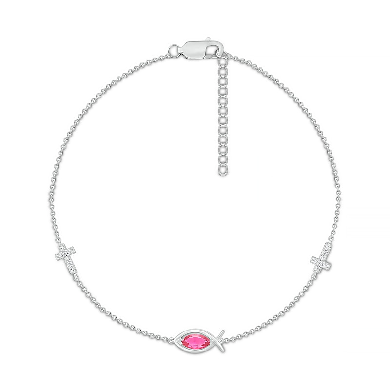 Main Image 2 of Marquise Lab-Created Ruby and White Lab-Created Sapphire Sideways Ichthus and Cross Anklet in Sterling Silver – 10"