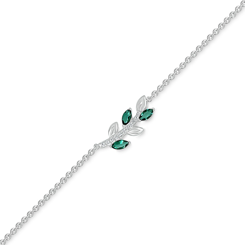 Main Image 1 of Marquise Lab-Created Emerald and White Lab-Created Sapphire Sideways Leafy Branch Anklet in Sterling Silver – 10"